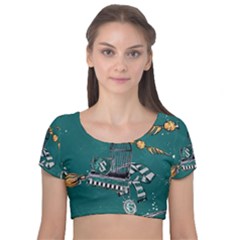 Velvet Short Sleeve Crop Top  