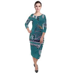 Quarter Sleeve Midi Velour Bodycon Dress 