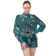 High Neck Long Sleeve Chiffon Top 