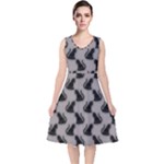 Black Cats On Gray V-Neck Midi Sleeveless Dress 