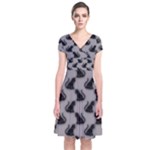 Black Cats On Gray Short Sleeve Front Wrap Dress