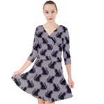 Black Cats On Gray Quarter Sleeve Front Wrap Dress