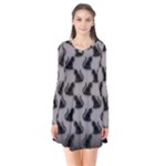 Black Cats On Gray Long Sleeve V-neck Flare Dress