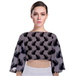 Black Cats On Gray Tie Back Butterfly Sleeve Chiffon Top