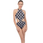 Black Cats On Gray Halter Side Cut Swimsuit