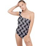 Black Cats On Gray Frilly One Shoulder Swimsuit