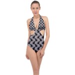 Black Cats On Gray Halter Front Plunge Swimsuit