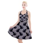 Black Cats On Gray Halter Party Swing Dress 