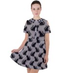 Black Cats On Gray Short Sleeve Shoulder Cut Out Dress 