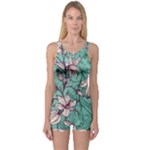 Vintage Floral Pattern One Piece Boyleg Swimsuit