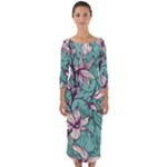 Vintage Floral Pattern Quarter Sleeve Midi Bodycon Dress