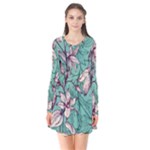 Vintage Floral Pattern Long Sleeve V-neck Flare Dress