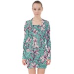 Vintage Floral Pattern V-neck Bodycon Long Sleeve Dress