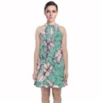 Vintage Floral Pattern Velvet Halter Neckline Dress 