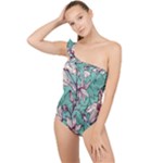 Vintage Floral Pattern Frilly One Shoulder Swimsuit