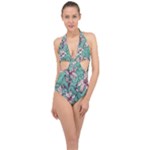 Vintage Floral Pattern Halter Front Plunge Swimsuit