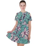 Vintage Floral Pattern Short Sleeve Shoulder Cut Out Dress 