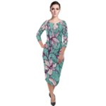Vintage Floral Pattern Quarter Sleeve Midi Velour Bodycon Dress