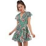 Vintage Floral Pattern Flutter Sleeve Wrap Dress