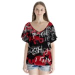 Emo Graffiti V-Neck Flutter Sleeve Top