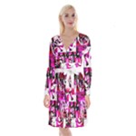 Pink Checker Graffiti Long Sleeve Velvet Front Wrap Dress