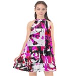 Pink Checker Graffiti Halter Neckline Chiffon Dress 