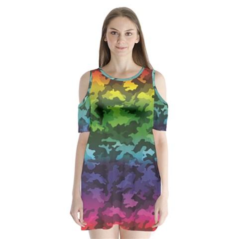 Rainbow Camouflage Shoulder Cutout Velvet One Piece from ArtsNow.com