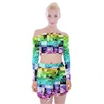 Rainbow Checker Skull Splatter Off Shoulder Top with Mini Skirt Set