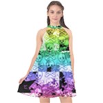 Rainbow Checker Skull Splatter Halter Neckline Chiffon Dress 