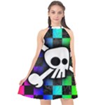 Checker Rainbow Skull Halter Neckline Chiffon Dress 