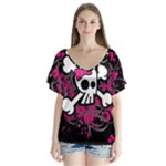 Girly Skull & Crossbones V-Neck Flutter Sleeve Top