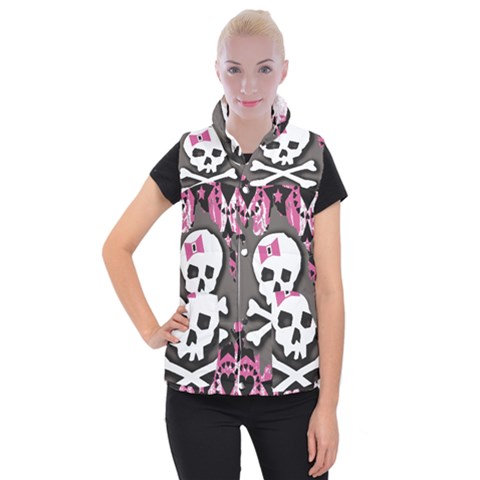Pink Bow Skull Women s Button Up Vest from ArtsNow.com