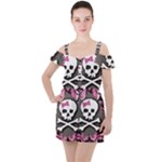 Pink Bow Skull Ruffle Cut Out Chiffon Playsuit