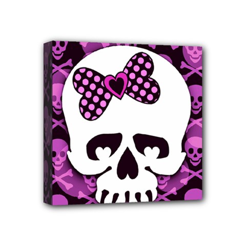 Pink Polka Dot Bow Skull Mini Canvas 4  x 4  (Stretched) from ArtsNow.com