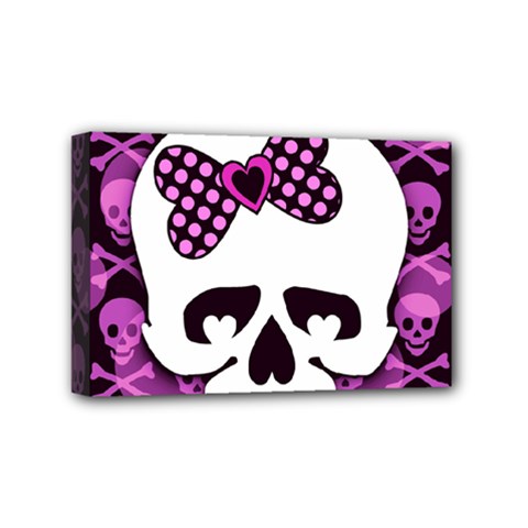 Pink Polka Dot Bow Skull Mini Canvas 6  x 4  (Stretched) from ArtsNow.com