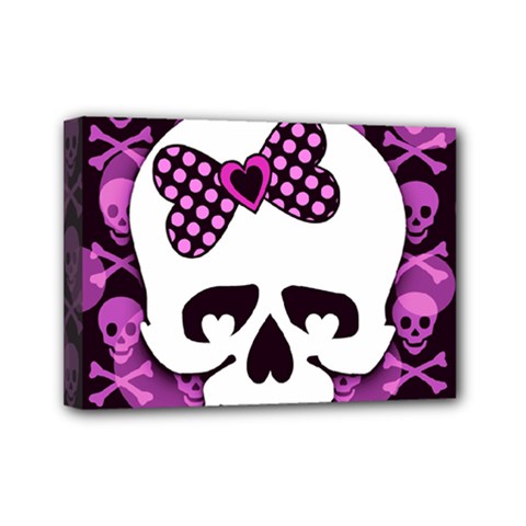 Pink Polka Dot Bow Skull Mini Canvas 7  x 5  (Stretched) from ArtsNow.com
