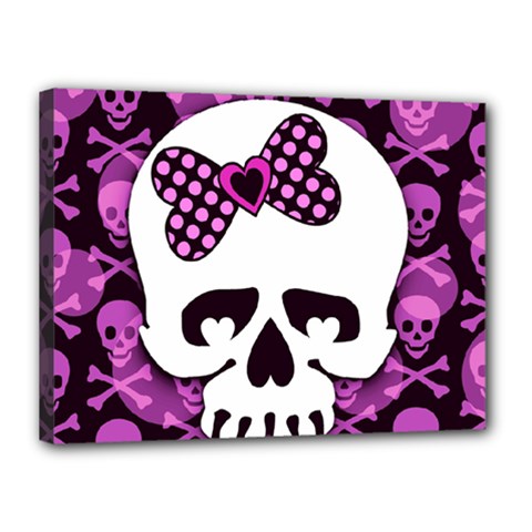Pink Polka Dot Bow Skull Canvas 16  x 12  (Stretched) from ArtsNow.com