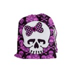 Pink Polka Dot Bow Skull Drawstring Pouch (Large)