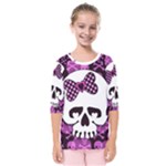 Pink Polka Dot Bow Skull Kids  Quarter Sleeve Raglan Tee