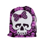 Pink Polka Dot Bow Skull Drawstring Pouch (XL)