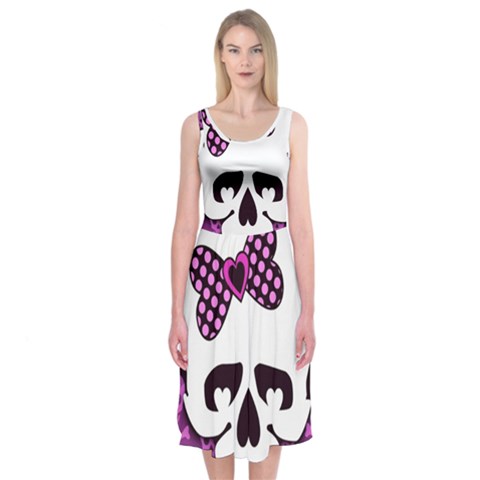 Pink Polka Dot Bow Skull Midi Sleeveless Dress from ArtsNow.com