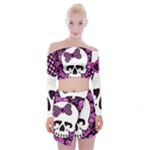 Pink Polka Dot Bow Skull Off Shoulder Top with Mini Skirt Set