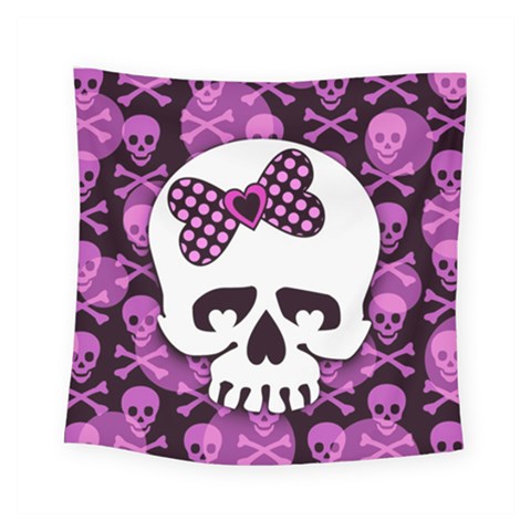 Pink Polka Dot Bow Skull Square Tapestry (Small) from ArtsNow.com