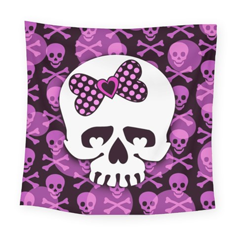 Pink Polka Dot Bow Skull Square Tapestry (Large) from ArtsNow.com