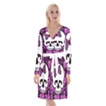 Pink Polka Dot Bow Skull Long Sleeve Velvet Front Wrap Dress