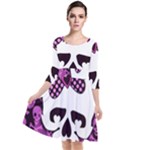 Pink Polka Dot Bow Skull Quarter Sleeve Waist Band Dress