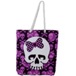 Pink Polka Dot Bow Skull Full Print Rope Handle Tote (Large)