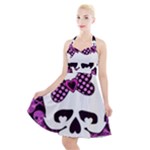 Pink Polka Dot Bow Skull Halter Party Swing Dress 