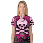 Pink Skull Star Splatter V-Neck Sport Mesh Tee