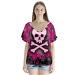 Pink Skull Star Splatter V-Neck Flutter Sleeve Top